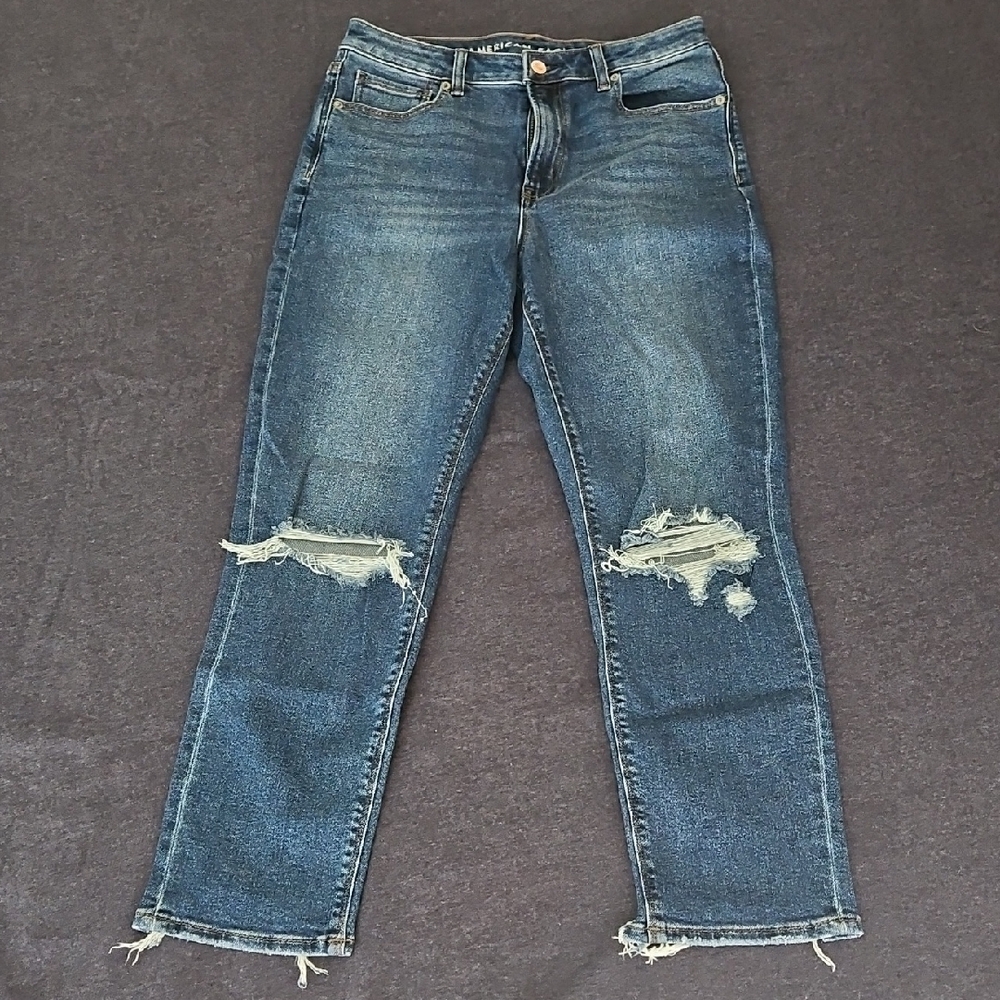 American Eagle Outfitters Blue Distressed Ankle Jeans, Mom Jean